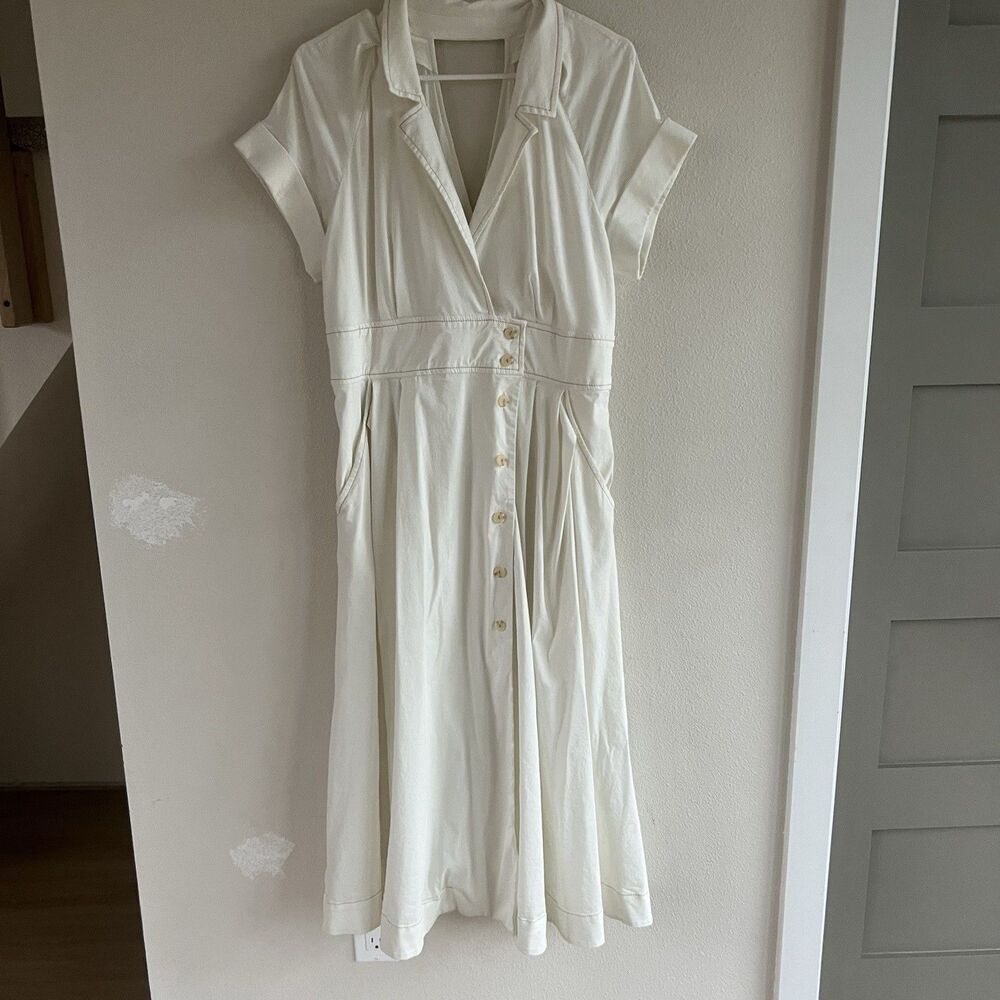 Maeve Anthropologie Poplin‎ Shirt Dress Women’s 14 Midi White Collared V Neck - Picture 2 of 14